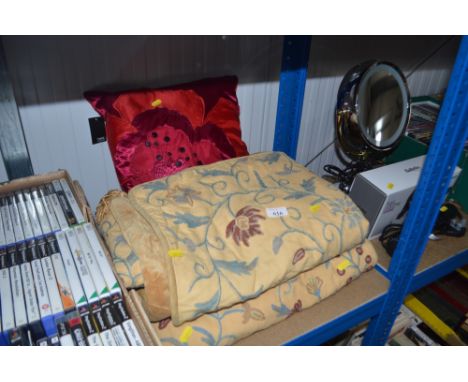 Two single bed covers in cotton with crewel embroidery; and a Next appliqué work cushion