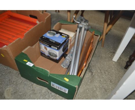 A box containing various sundry items to include an egg boiler; camera tripod etc.