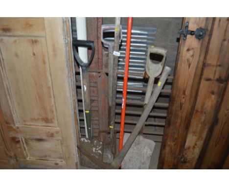 A quantity of long handled gardening tools; a blind etc. 