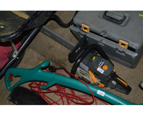 A petrol Ryobi chainsaw in fitted case