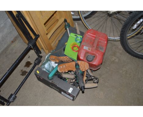 A box containing various gardening tools, a petrol can, a pair of size 4 Wellington boots etc.