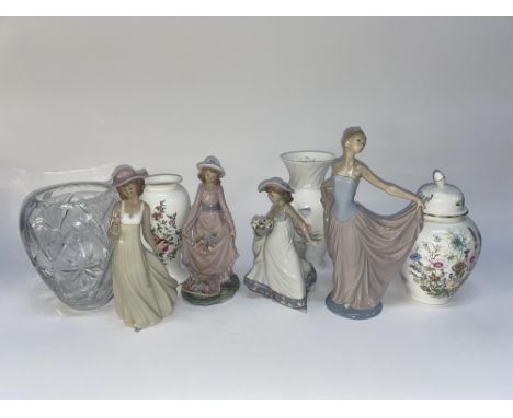 Four Spanish porcelain figural ornaments by Lladro and Nao, the largest measures 32cm H, together with Aynsley and Wedgwood v