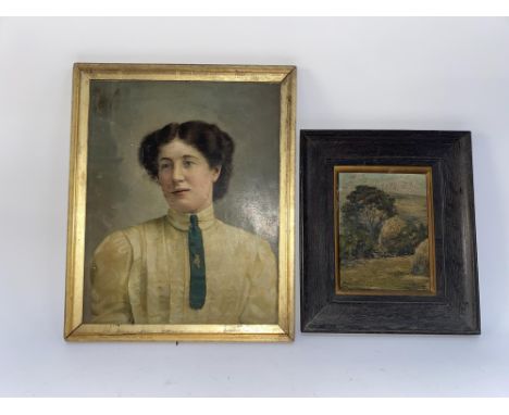 A 20th Century school half length portrait of a young woman, oil, framed, 29cm x 37cm and 35cm x 42cm overall and an impasto 