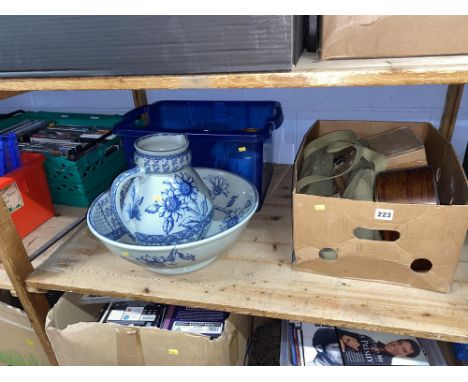 Five boxes of ceramics to include a Doulton Burslem blue and white toilet jug and bowl, various tools, Doulton Lambeth, and a