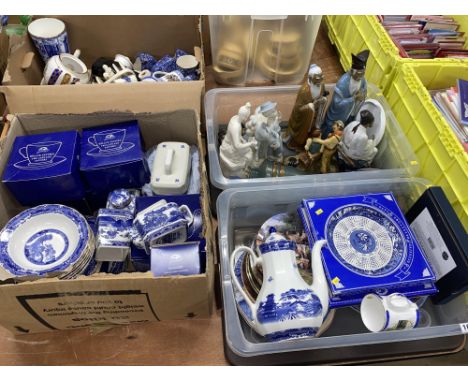 Three boxes of blue and white Willow pattern tableware, figural ornaments of Lladro style, calendar and collector's plates
