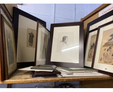 A shelf of pictures, of various mediums and subjects, to include Chinese gouache paintings, etchings, and contemporary artwor