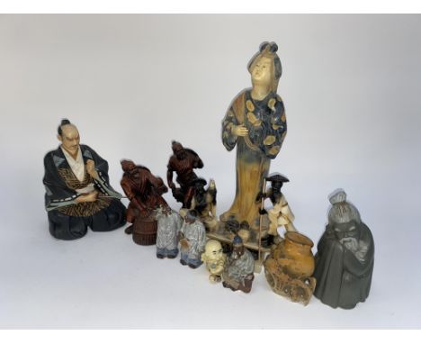 A selection of Asian inspired figural studies, to include a Lladro Gres monk, a porcelain Hakata Urasaki Japanese warrior stu