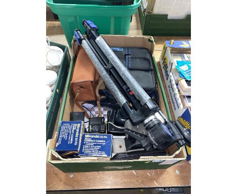 A box of cameras and equipment to include a Canon AV-1 film camera, plus others, various lenses including Minolta and tripod 