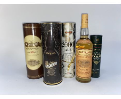 An unopened 70cl litre bottle of Glenmorangie Scotch whisky, and four other bottles of alcohol in tubes to include The Glentu