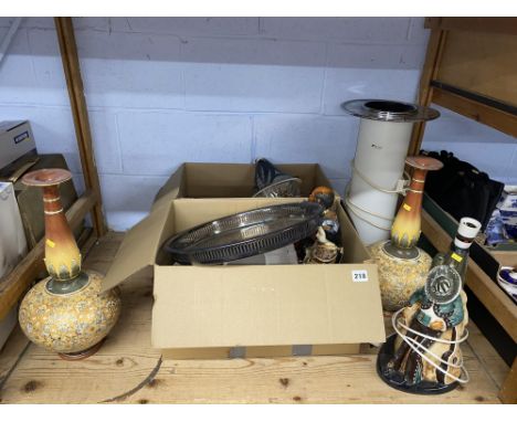 A shelf of ceramics and ornaments, to include a pair of damaged and restored Royal Doulton vases, modern Geisha girl ornament