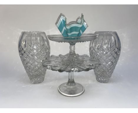 A mid 20th Century green glass handkerchief vase, 11cm H and cut glassware to include tazzas