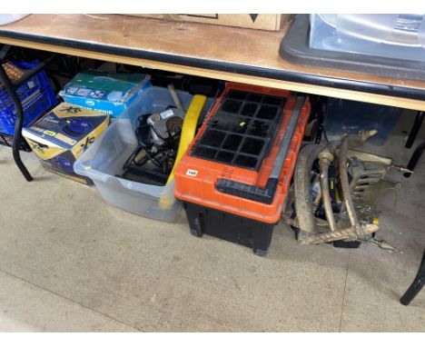 An Auto XS car polisher, steam cleaner, tools, cast metal fire guards and circular saw