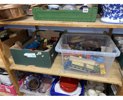 Three boxes of diecast cars and lorries, including Corgi, Maisto, and Minichamps