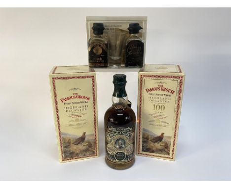 An unopened 70cl bottle of The Gordon Highlanders Scotch whisky, two boxed The Famous Grouse porcelain decanters and a Danzy 
