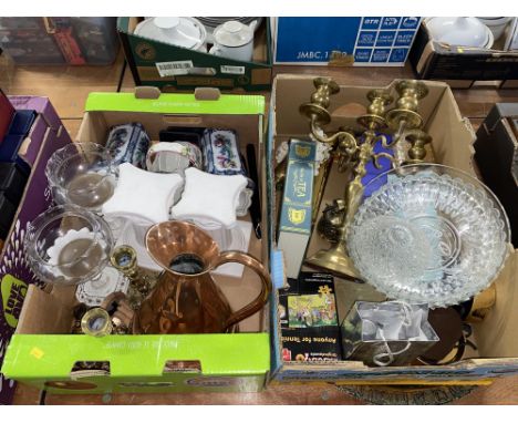 Two boxes of ceramics, glass and metalware, to include a 19th Century copper measure, a brass candelabra, marble effect colum