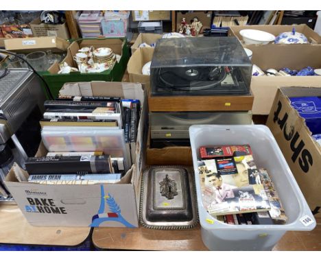 A BSR McDonald MP60 turntable, two other turntables, silver plated entree dish and two boxes of books on Elvis Presley and ot