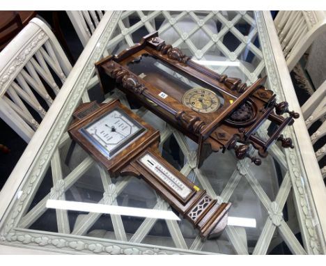 A mahogany cased regulator wall clock, with pendulum, 84cm H and an oak cased barometer