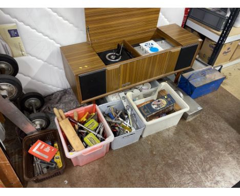 Seven boxes of tools, tool chests and a box of china tableware