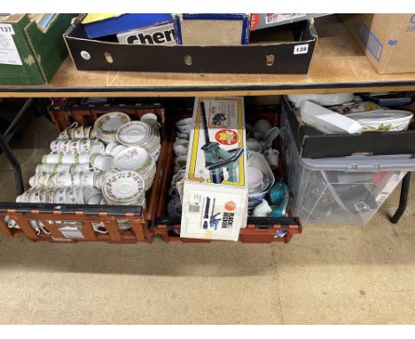Three crates of mixed china, tea ware including Aynsley, a Black and Decker cordless hedge trimmer, Royal Worcester Evesham t