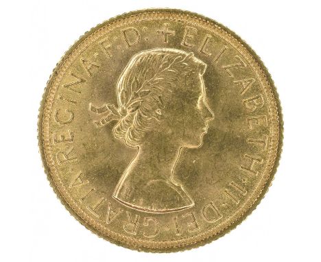Queen Elizabeth II, Sovereign, 1959, Young laureate head r. R. St. George and dragon, gold, weight 8.0g, S.4125, EF.