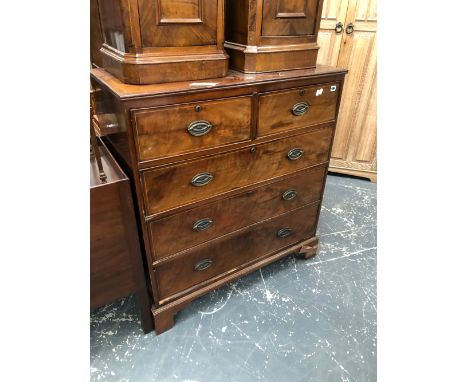 A 19th C. MAHOGANY CHEST OF TWO SHORT AND THREE LONG DRAWERS ON BRACKET FEET.   W 103 x D 50 x H 112cms.