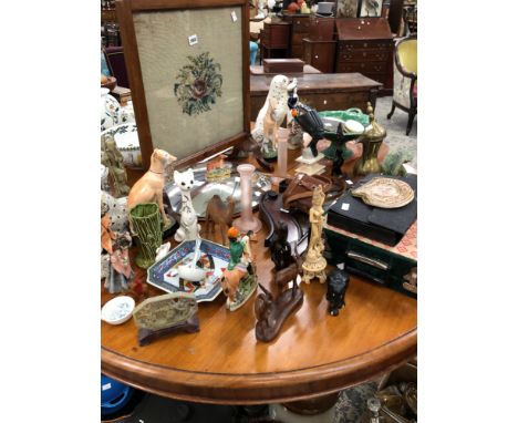 A QUANTITY OF DECORATIVE ANTIQUE AND LATER CHINAWARE, A FIRE SCREEN, BINOCULARS, A VANITY SET, BEAD WORK BAG ETC. 