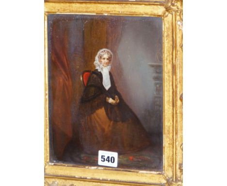 ENGLISH SCHOOL (19th CENTURY), FULL LENGTH PORTRAIT OF MRS H. BOSANQUET SEATED IN AN INTERIOR, OIL ON PANEL, 18.5 X 22.5cm. G