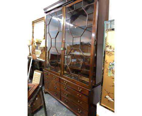 A GEORGIAN AND LATER ASTRAGAL GLAZED MAHOGANY DISPLAY CABINET, THE BASE WITH TWO BANKS OF FOUR DRAWERS ABOVE SHAPED BRACKET F