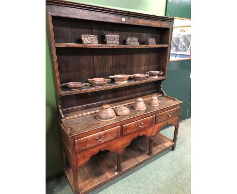 A 19th C.OAK DRESSER WITH AN ENCLOSED THREE SHELF BACK ABOVE THREE DRAWERS AND A POT BOARD TO THE BASE. W 152 x D 44 x H 180c