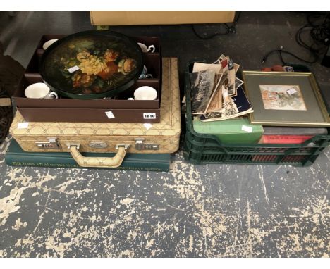 A SMALL COLLECTION OF BOOKS, PHOTOGRAPHS, A ATLAS, A BRIEFCASE ETC.