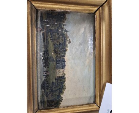 THREE MINIATURE OIL PAINTINGS COMPRISING A VIEW OF A COUNTRY HOUSE BY SOPHIA CECILIA IRVINE, A PORTRAIT OF A BEARDED GENTLEMA