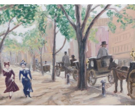 AFTER M. JEFCOTE D'AVION (LATE 19TH/EARLY 20TH CENTURY), FIGURES AND HANSOM CABS IN MADISON SQUARE PARK 1900-1902, SIGNED WIT