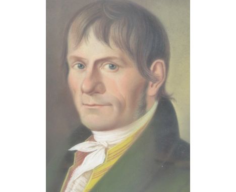 CONTINENTAL SCHOOL (19th CENTURY) BUST LENGTH PORTRAIT OF A GENTLEMAN IN GREEN JACKET, AND COMPANION OF A LADY, PASTELS, MOUN