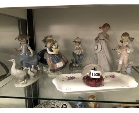 SIX LLADRO FIGURES AND A CAITHNESS PAPERWEIGHT AND A SANDWICH DISH
