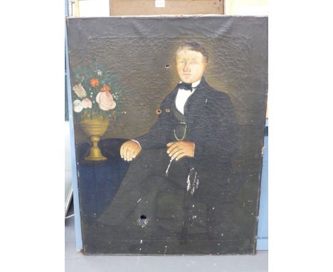 NAIVE SCHOOL (19th CENTURY), A FOLK ART FULL LENGTH PORTRAIT OF A YOUNG GENTLEMAN SEATED IN AN INTERIOR WITH FLOWERS ( POSSIB