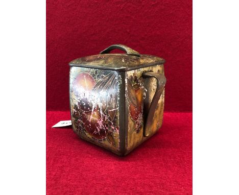 AN ARTS AND CRAFTS W &amp; R JACOB &amp; CO, BISCUIT TIN, TRANSFER PRINTED WITH A POMEGRANATE DESIGN APPROX 17CM HIGH PROV. F