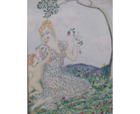 VIVIEN JOHN  (1915-1994). arr.  A VINTAGE SIGNED WATERCOLOUR STUDY, MOTHER AND CHILD "PLUCK NOT WHERE YOU NEVER PLANTED",  VI
