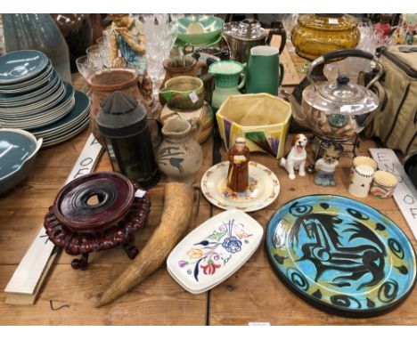 AN ANTIQUE TIN LANTERN, A COMPTON POTTERY FIGURE, A PLATED KETTLE ON STAND, ART DECO CHINA WARES ETC.