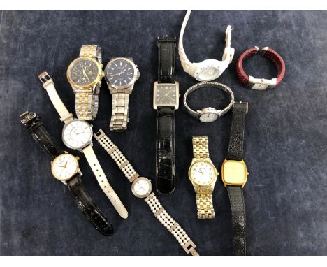 A QUANTITY OF LADIES AND GENTS COSTUME AND DRESS WATCHES TO INCLUDE RAYMOND WEIL, TIMEX, ICE, SEKONDA, OLEG CASSINI, OTW, PIS