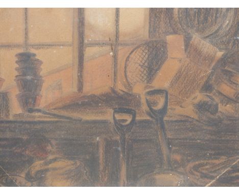 BRITISH SCHOOL (20th CENTURY), TOOLS IN A GARDEN SHED, CHARCOAL AND PASTELS, 34.5 X 37cm.