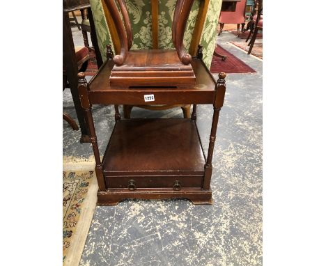 A PAIR OF 20th C. MAHOGANY TWO TIER BEDSIDE TABLES WITH DRAWERS BELOW THE LOWER TIERS ABOVE BRACKET FEET