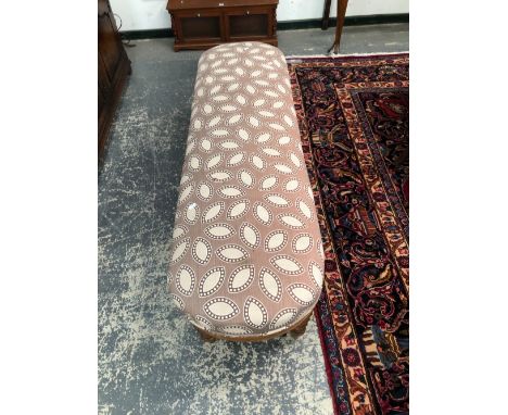 A LATE 19th C. BENCH, THE UPHOLSTERED ROUNDED RECTANGULAR SEAT ON MAHOGANY BARLEY TWIST LEGS WITH SPINDLE FEET