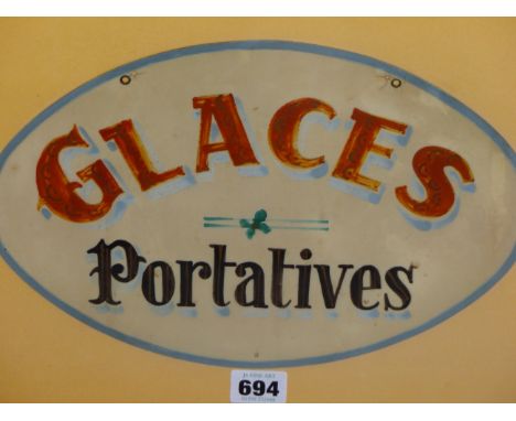 TWO VINTAGE FRENCH SHOP SIGNS FOR ICE CREAM AND BISCUITS, TOGETHER WITH TWO FURTHER VINTAGE ADVERTISEMENTS, ALL FRAMED. (4)