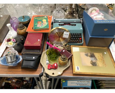 A SMALL VICTORIAN WATER COLOUR, A ROYAL DOULTON DOLL, A TYPEWRITER, TWO CARVING SETS, ORNAMENTS ETC.