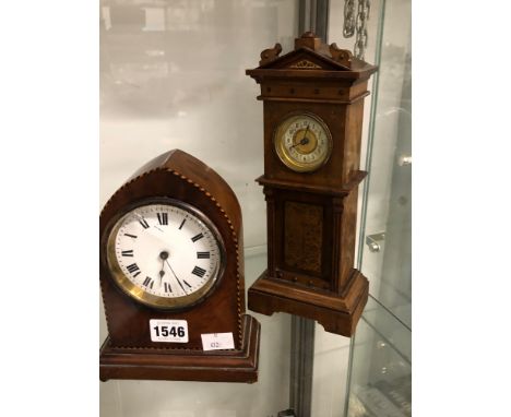 A TIMEPIECE IN A LANCET CASE AND ANOTHER IN A MINIATURE LONGCASE CLOCK CASE