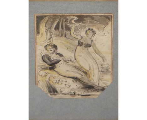 CIRCLE OF THOMAS ROWNLANDSON, A YOUNG MAN PLAYING THE FLUTE TO A YOUNG WOMAN IN WOODLAND, INK AND WASH, MONOCHROME, 6.5 X 8.5