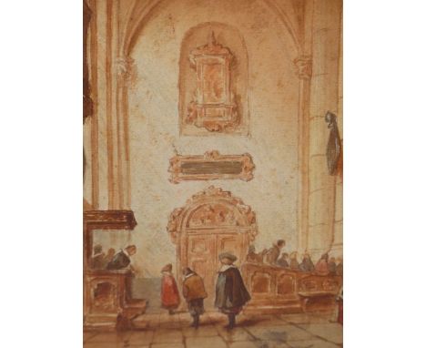 JAMES HOLLAND (1799-1870), CATHEDRAL INTERIOR WITH FIGURES, WATERCOLOUR SKETCH, 10.5 X 18cm, TOGETHER WITH ANOTHER INDISTINCT