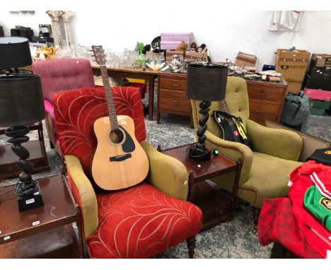 A PAIR OF ARMCHAIRS ON MAHOGANY BOBBIN TURNED FRONT LEGS WITH BRASS CASTER FEET