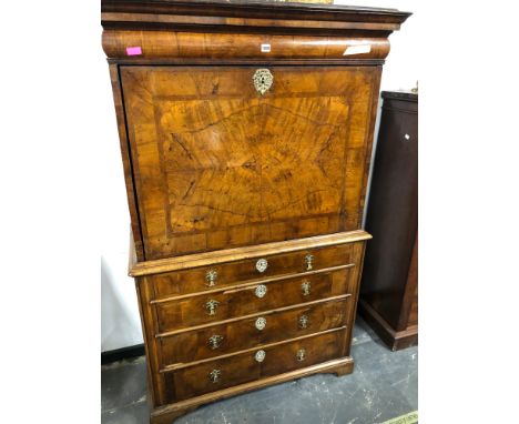 AN 18th C. WALNUT FALL FRONT ESCRITOIRE, THE BASE WITH FOUR LONG DRAWERS ON BRACKET FEET. W 109 x D 49 x h 175cms