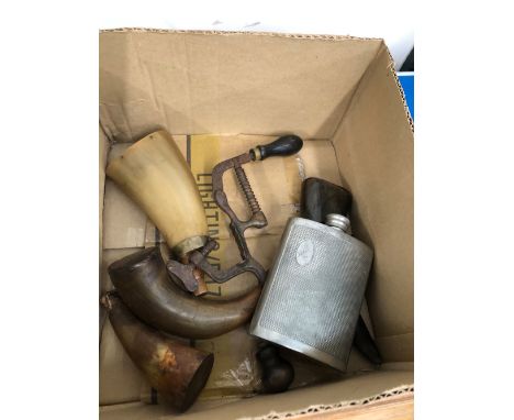 FOUR HORN POWDER FLASKS, A CARTRIDGE LOADING TOOL AND A HIP FLASK.